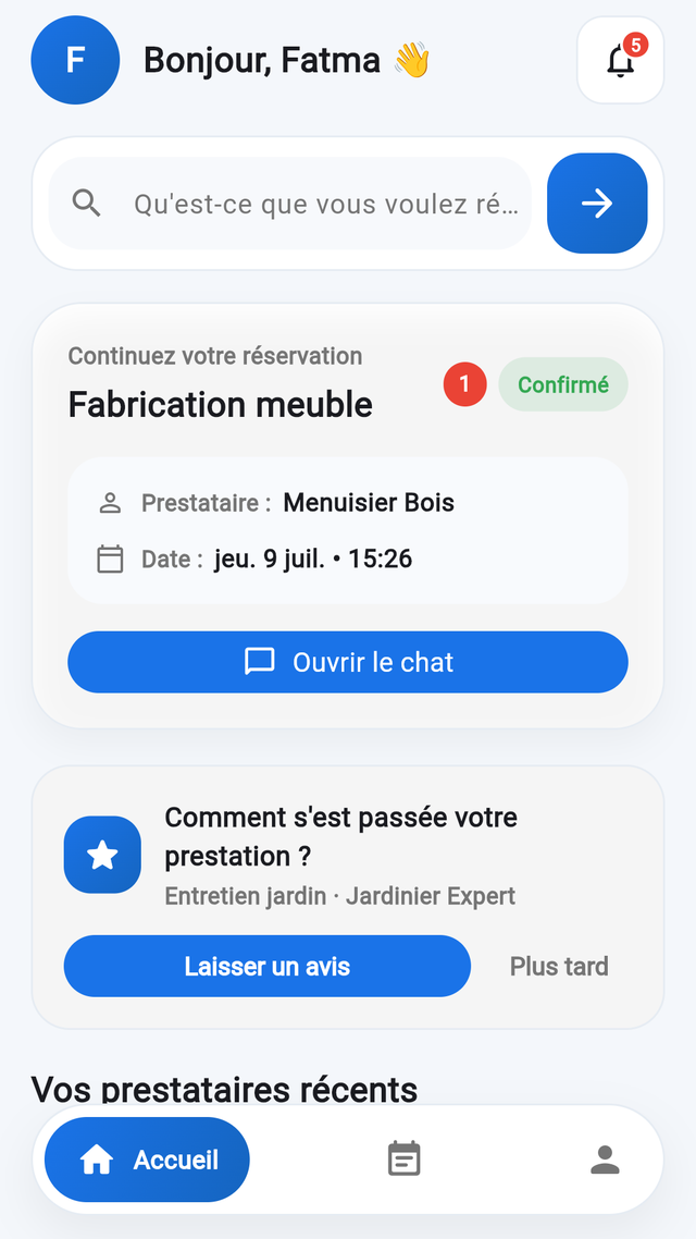 Écran d'accueil de l'application Allo Service
